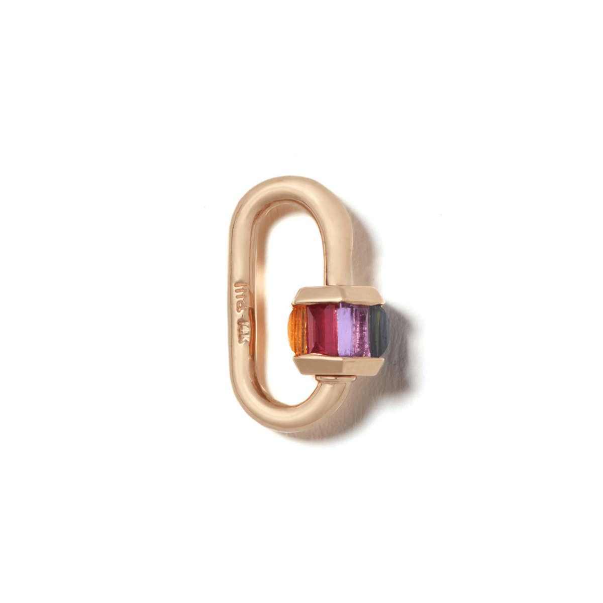 Gold rainbow gemstone jewelry lock against white backdrop 